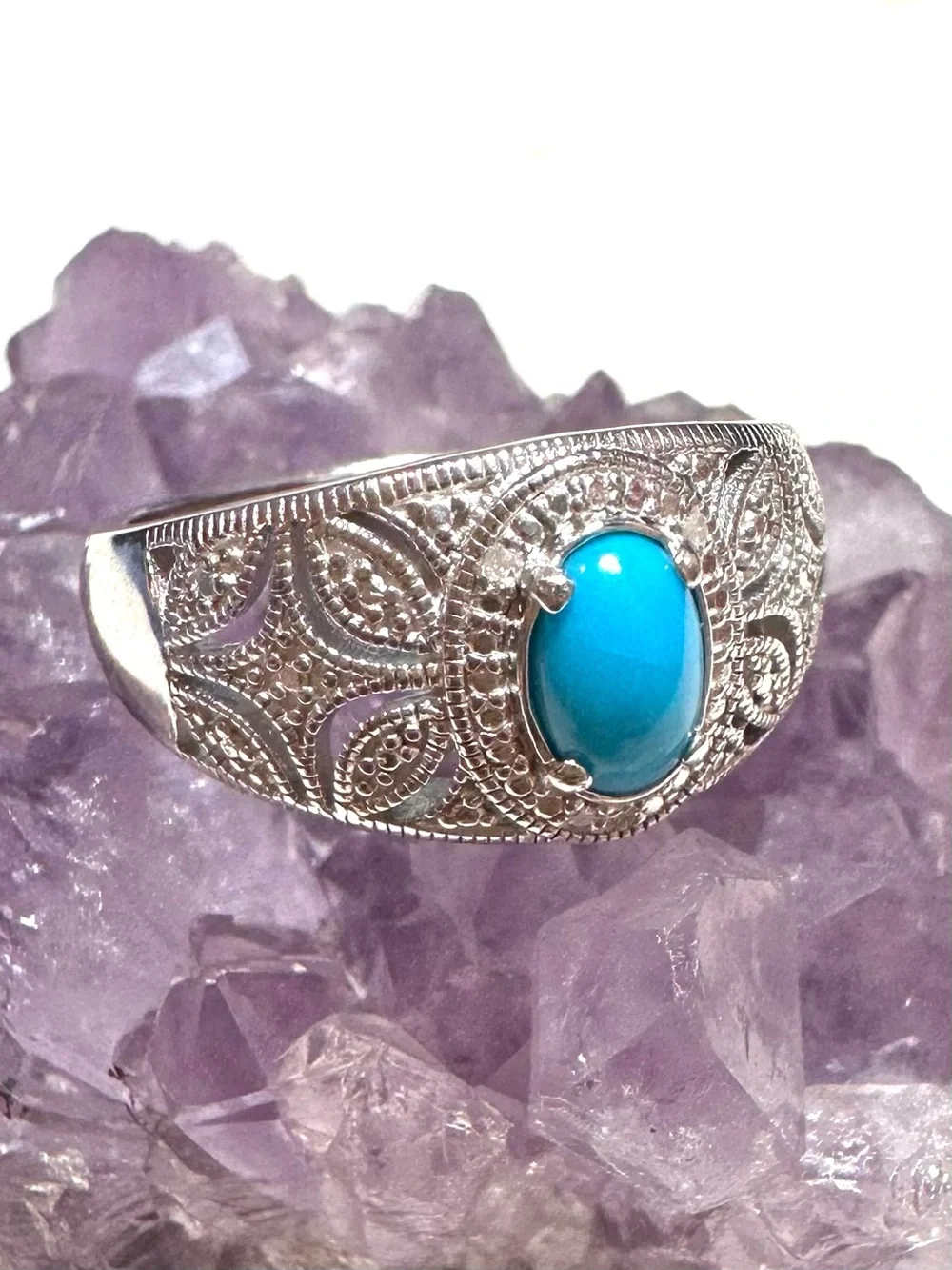 Blue Sleeping Beauty Turquoise Rhodium Over Sterling Silver Halo Ring 0.03ctw